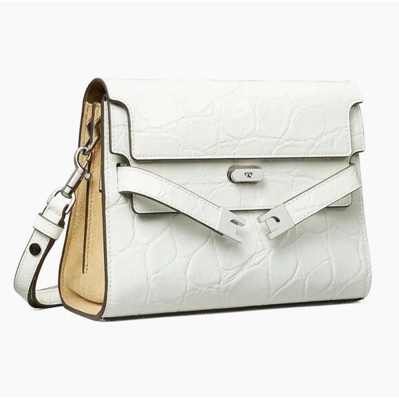 Tory Burch Lee Radziwill Croc-embossed Leather Shoulder Bag Blanc White New $949